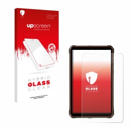 Parte frontal de un envase de producto con el logotipo de la marca upscreen. Al lado se muestra el dispositivo Blackview Activ