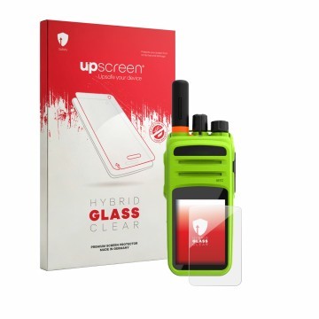 Vorderseite einer Produktverpackung mit dem Markenlogo upscreen. Daneben ist das Gerät Talkpod N58 mit dem zugehörigen Display