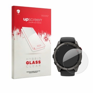 Front side of a product packaging with the brand logo upscreen. Next to it is the device Garmin Fenix 8 Pro AMOLED (47 mm) sho