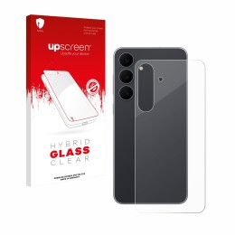 Face avant d’un emballage produit avec le logo de la marque upscreen. À côté, l’appareil Samsung Galaxy S25 FE (Arrière) est r