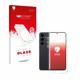 Face avant d’un emballage produit avec le logo de la marque upscreen. À côté, l’appareil Samsung Galaxy S25 FE (Avant+Caméra) 