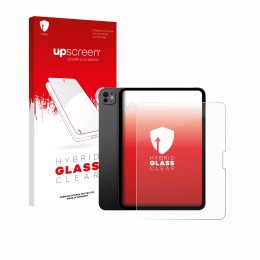 Face avant d’un emballage produit avec le logo de la marque upscreen. À côté, l’appareil Apple iPad Pro 13