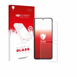 Face avant d’un emballage produit avec le logo de la marque upscreen. À côté, l’appareil Honor Magic V Flip 2 est représenté a
