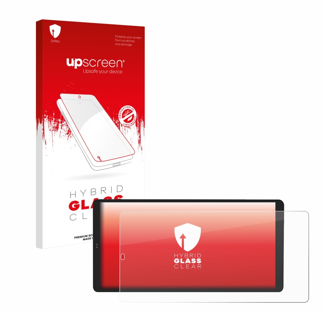 Vorderseite einer Produktverpackung mit dem Markenlogo upscreen. Daneben ist das Gerät Shelly Wall Display X2 mit dem zugehöri