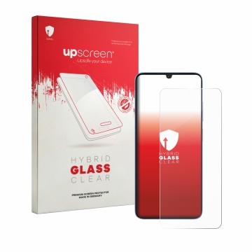 Parte frontal de un envase de producto con el logotipo de la marca upscreen. Al lado se muestra el dispositivo Itel Zeno 20 Ma