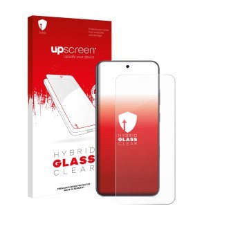 Parte frontal de un envase de producto con el logotipo de la marca upscreen. Al lado se muestra el dispositivo Honor Win con s