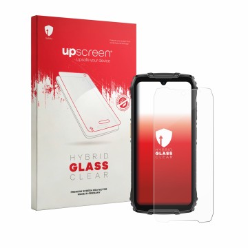 Parte frontal de un envase de producto con el logotipo de la marca upscreen. Al lado se muestra el dispositivo Ulefone RugKing