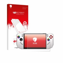 Face avant d’un emballage produit avec le logo de la marque upscreen. À côté, l’appareil MSI Claw A8 BZ2EM est représenté avec