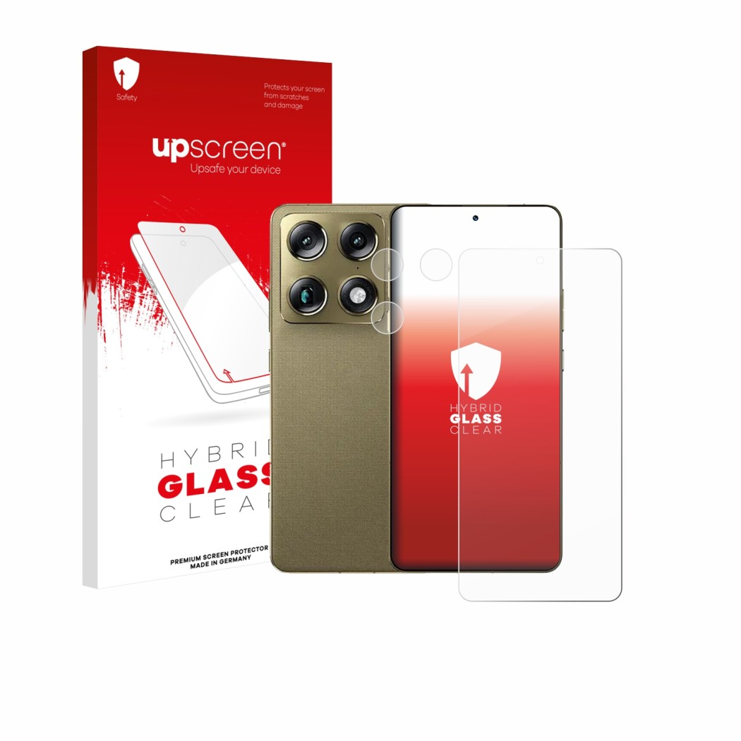 Face avant d’un emballage produit avec le logo de la marque upscreen. À côté, l’appareil Motorola Signature (Avant+Caméra) est
