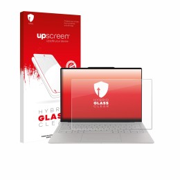 Parte frontal de un envase de producto con el logotipo de la marca upscreen. Al lado se muestra el dispositivo Lenovo Yoga Sli