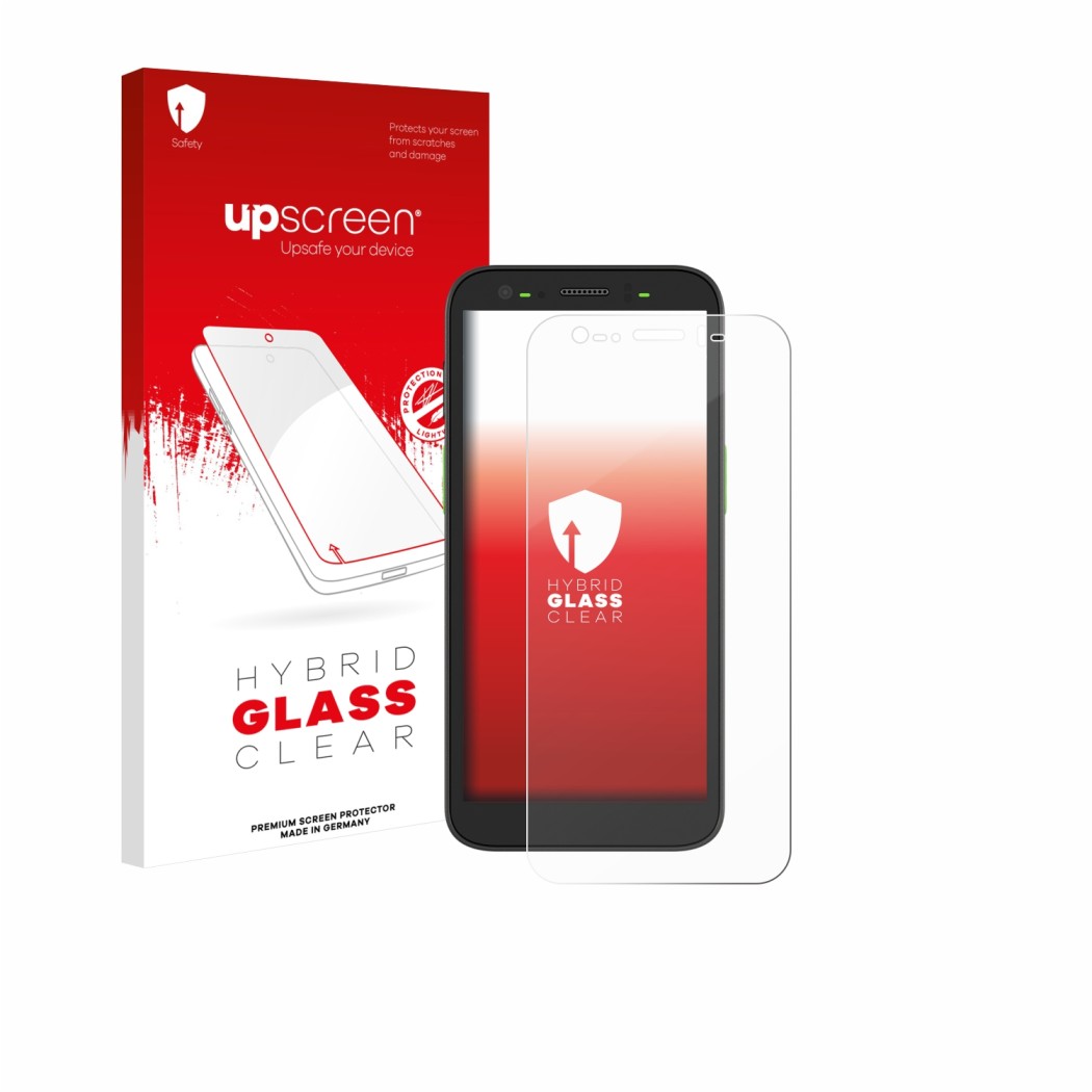 Face avant d’un emballage produit avec le logo de la marque upscreen. À côté, l’appareil Zebra TC501 est représenté avec la pr