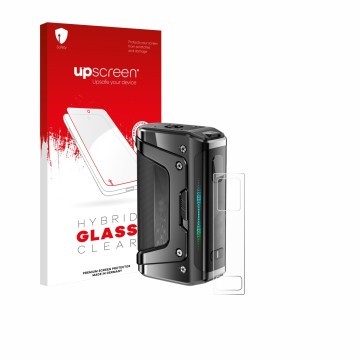 Vorderseite einer Produktverpackung mit dem Markenlogo upscreen. Daneben ist das Gerät GeekVape Aegis Legend 5 mit dem zugehör