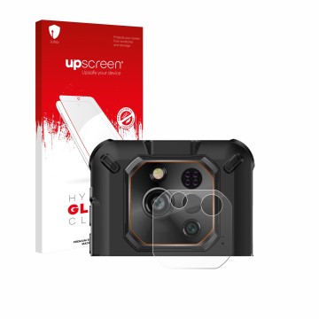 Parte frontal de un envase de producto con el logotipo de la marca upscreen. Al lado se muestra el dispositivo Ulefone RugOne 