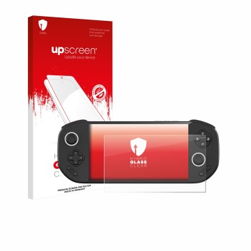 Parte frontal de un envase de producto con el logotipo de la marca upscreen. Al lado se muestra el dispositivo MANGMI Pocket M
