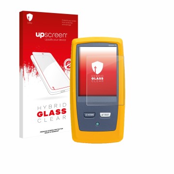 Vorderseite einer Produktverpackung mit dem Markenlogo upscreen. Daneben ist das Gerät Fluke DSX8000 mit dem zugehörigen Displ