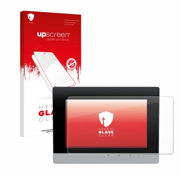 Parte frontal de un envase de producto con el logotipo de la marca upscreen. Al lado se muestra el dispositivo WAGO Control Pa