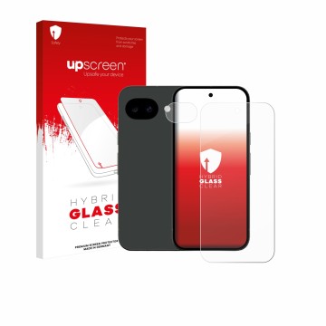 Face avant d’un emballage produit avec le logo de la marque upscreen. À côté, l’appareil Google Pixel 10a (Avant+Caméra) est r