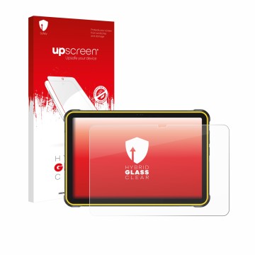 Parte frontal de un envase de producto con el logotipo de la marca upscreen. Al lado se muestra el dispositivo Ulefone RugKing