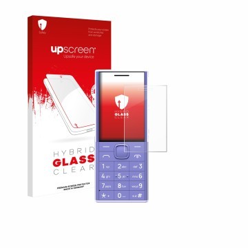 Parte frontale di una confezione del prodotto con il logo del marchio upscreen. Accanto è raffigurato il dispositivo Nokia 150