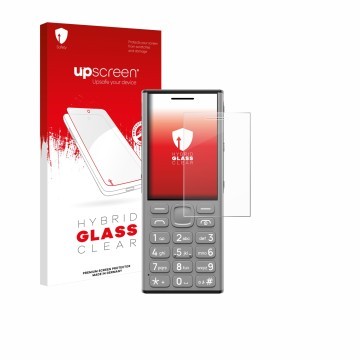 Parte frontale di una confezione del prodotto con il logo del marchio upscreen. Accanto è raffigurato il dispositivo Nokia 130