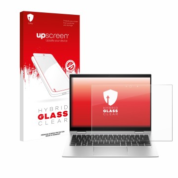Face avant d’un emballage produit avec le logo de la marque upscreen. À côté, l’appareil HP Elite x360 830 G10 2-in-1 est repr