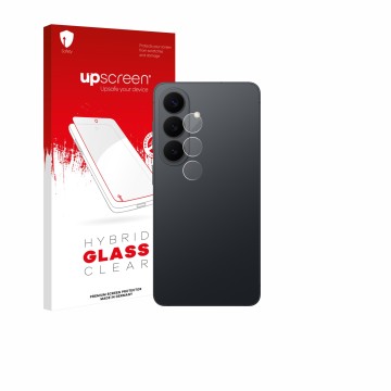 Face avant d’un emballage produit avec le logo de la marque upscreen. À côté, l’appareil Samsung Galaxy S26 (Caméra UNIQUEMENT