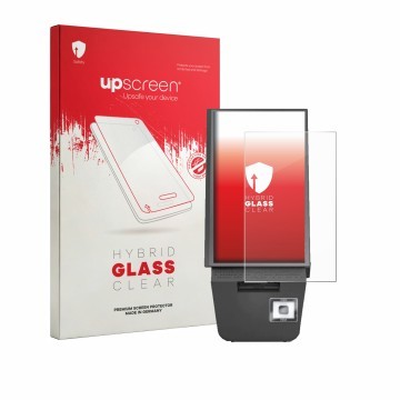 Parte frontale di una confezione del prodotto con il logo del marchio upscreen. Accanto è raffigurato il dispositivo Pyramid C