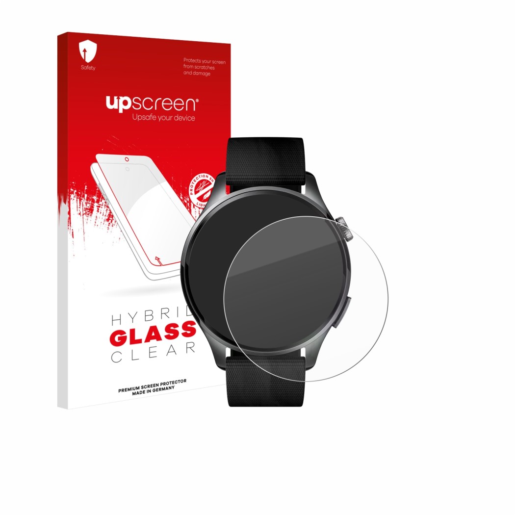 Face avant d’un emballage produit avec le logo de la marque upscreen. À côté, l’appareil Xiaomi Watch 5 (47 mm) est représenté