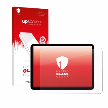 Face avant d’un emballage produit avec le logo de la marque upscreen. À côté, l’appareil Apple iPad Air 11