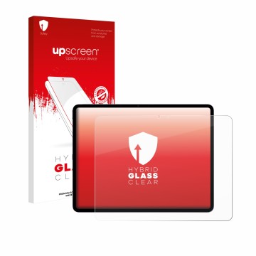 Parte frontal de un envase de producto con el logotipo de la marca upscreen. Al lado se muestra el dispositivo Apple iPad Air 