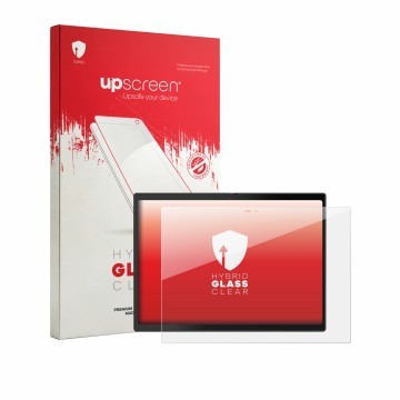 Face avant d’un emballage produit avec le logo de la marque upscreen. À côté, l’appareil Lenovo ThinkPad X13 Gen 1 Detachable 