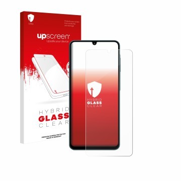 Parte frontal de un envase de producto con el logotipo de la marca upscreen. Al lado se muestra el dispositivo Samsung Galaxy 