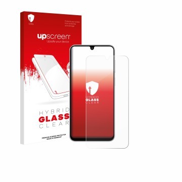 Vorderseite einer Produktverpackung mit dem Markenlogo upscreen. Daneben ist das Gerät Samsung Galaxy F36 mit dem zugehörigen 