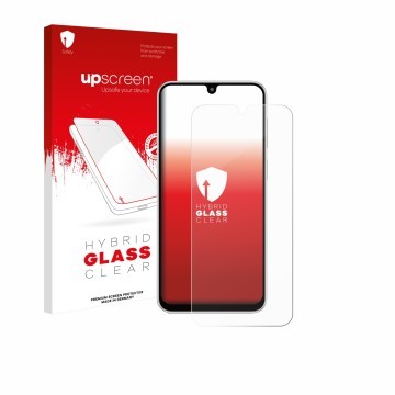 Vorderseite einer Produktverpackung mit dem Markenlogo upscreen. Daneben ist das Gerät Samsung Galaxy M36 mit dem zugehörigen 