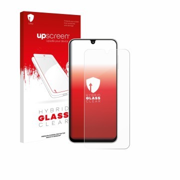 Vorderseite einer Produktverpackung mit dem Markenlogo upscreen. Daneben ist das Gerät Samsung Galaxy M16 mit dem zugehörigen 