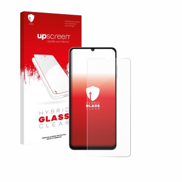 Face avant d’un emballage produit avec le logo de la marque upscreen. À côté, l’appareil Samsung Galaxy M06 est représenté ave