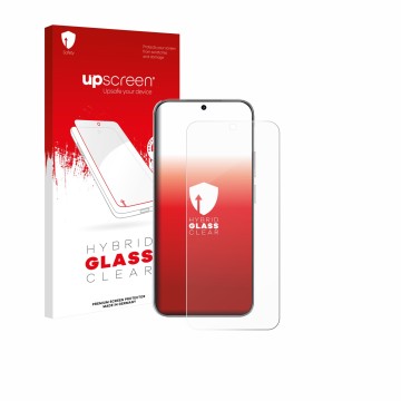 Parte frontal de un envase de producto con el logotipo de la marca upscreen. Al lado se muestra el dispositivo Huawei Nova 14 