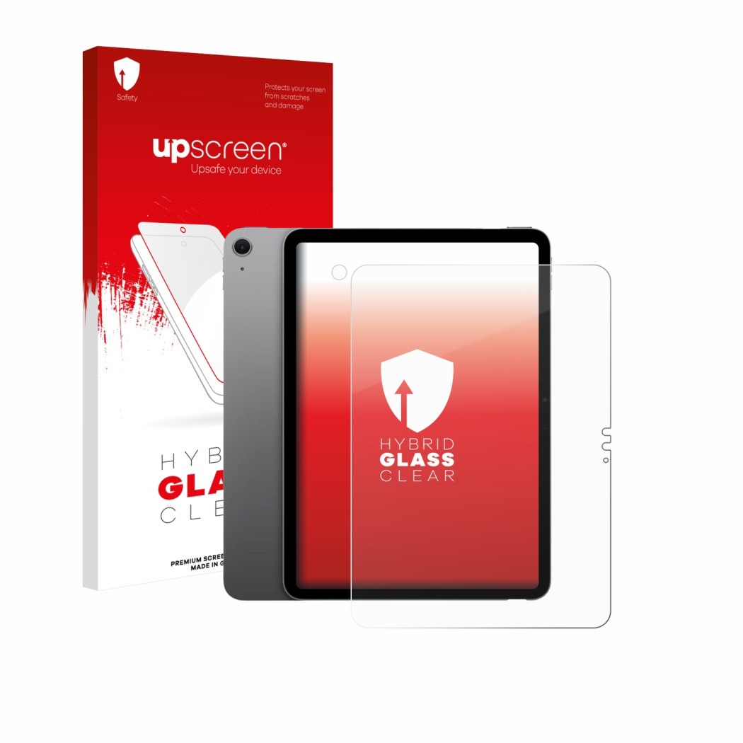 Parte frontal de un envase de producto con el logotipo de la marca upscreen. Al lado se muestra el dispositivo Apple iPad Air 