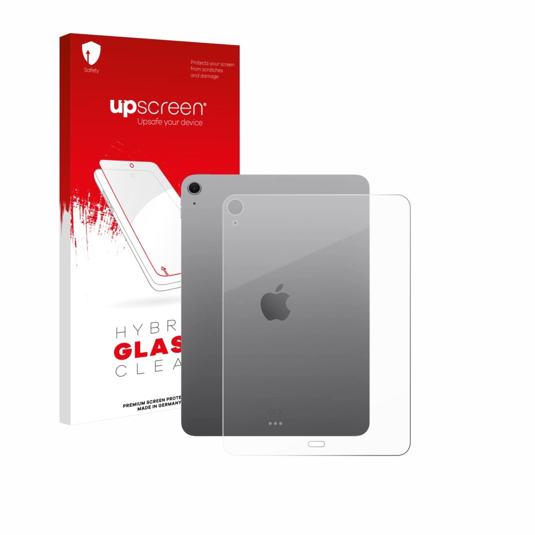 Parte frontal de un envase de producto con el logotipo de la marca upscreen. Al lado se muestra el dispositivo Apple iPad Air 