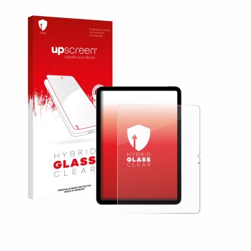 Parte frontal de un envase de producto con el logotipo de la marca upscreen. Al lado se muestra el dispositivo Apple iPad Air 