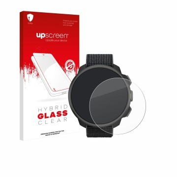 Parte frontal de un envase de producto con el logotipo de la marca upscreen. Al lado se muestra el dispositivo Suunto Nautic S