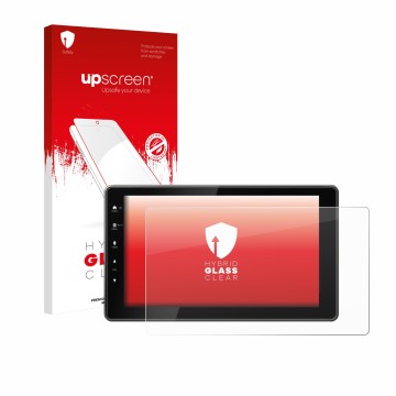 Parte frontal de un envase de producto con el logotipo de la marca upscreen. Al lado se muestra el dispositivo Kenwood DMX-F92