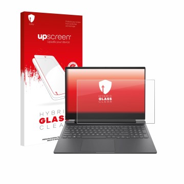 Vorderseite einer Produktverpackung mit dem Markenlogo upscreen. Daneben ist das Gerät HP Victus 16-r0024nf mit dem zugehörige