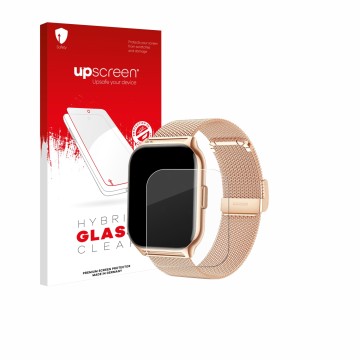 Face avant d’un emballage produit avec le logo de la marque upscreen. À côté, l’appareil APAUK Smartwatch 2.01