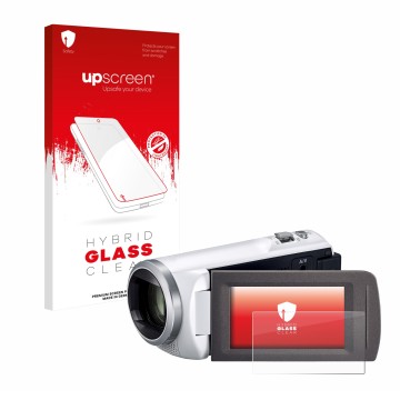 Parte frontale di una confezione del prodotto con il logo del marchio upscreen. Accanto è raffigurato il dispositivo Panasonic