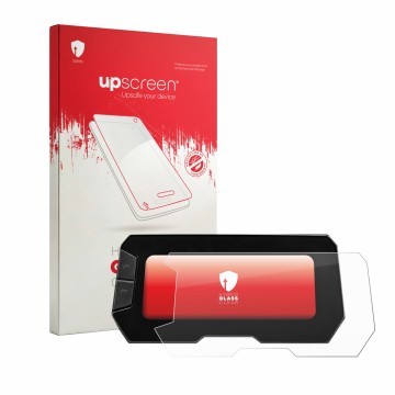Parte frontal de un envase de producto con el logotipo de la marca upscreen. Al lado se muestra el dispositivo Honda CB125R 20