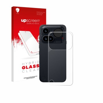 Parte frontal de un envase de producto con el logotipo de la marca upscreen. Al lado se muestra el dispositivo Nothing Phone (