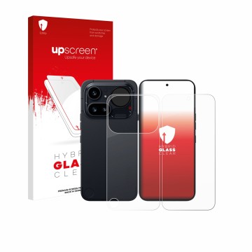 Parte frontal de un envase de producto con el logotipo de la marca upscreen. Al lado se muestra el dispositivo Nothing Phone (