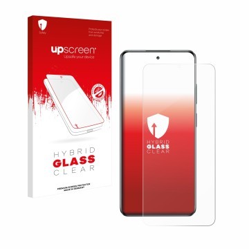 Parte frontal de un envase de producto con el logotipo de la marca upscreen. Al lado se muestra el dispositivo realme C63 5G c
