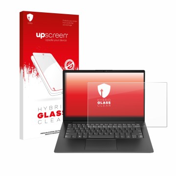 Face avant d’un emballage produit avec le logo de la marque upscreen. À côté, l’appareil Lenovo V14 Gen 5 est représenté avec 